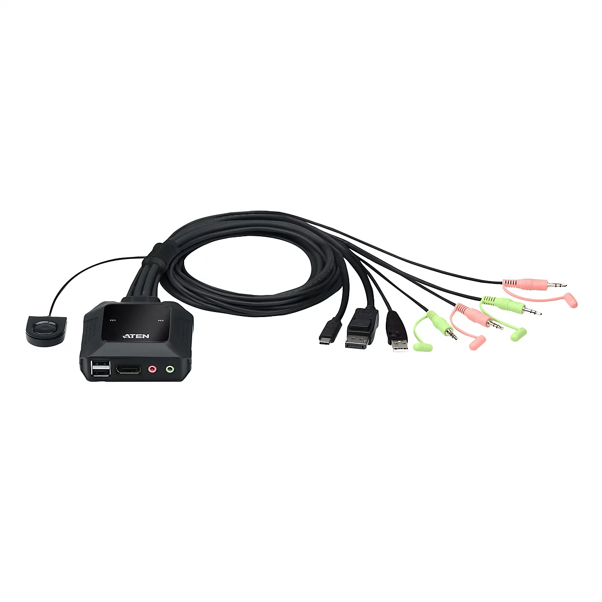 Schwarzer Aten KVM-Switch mit fest verbundenen Anschlusskabeln vor weißem Hintergrund.