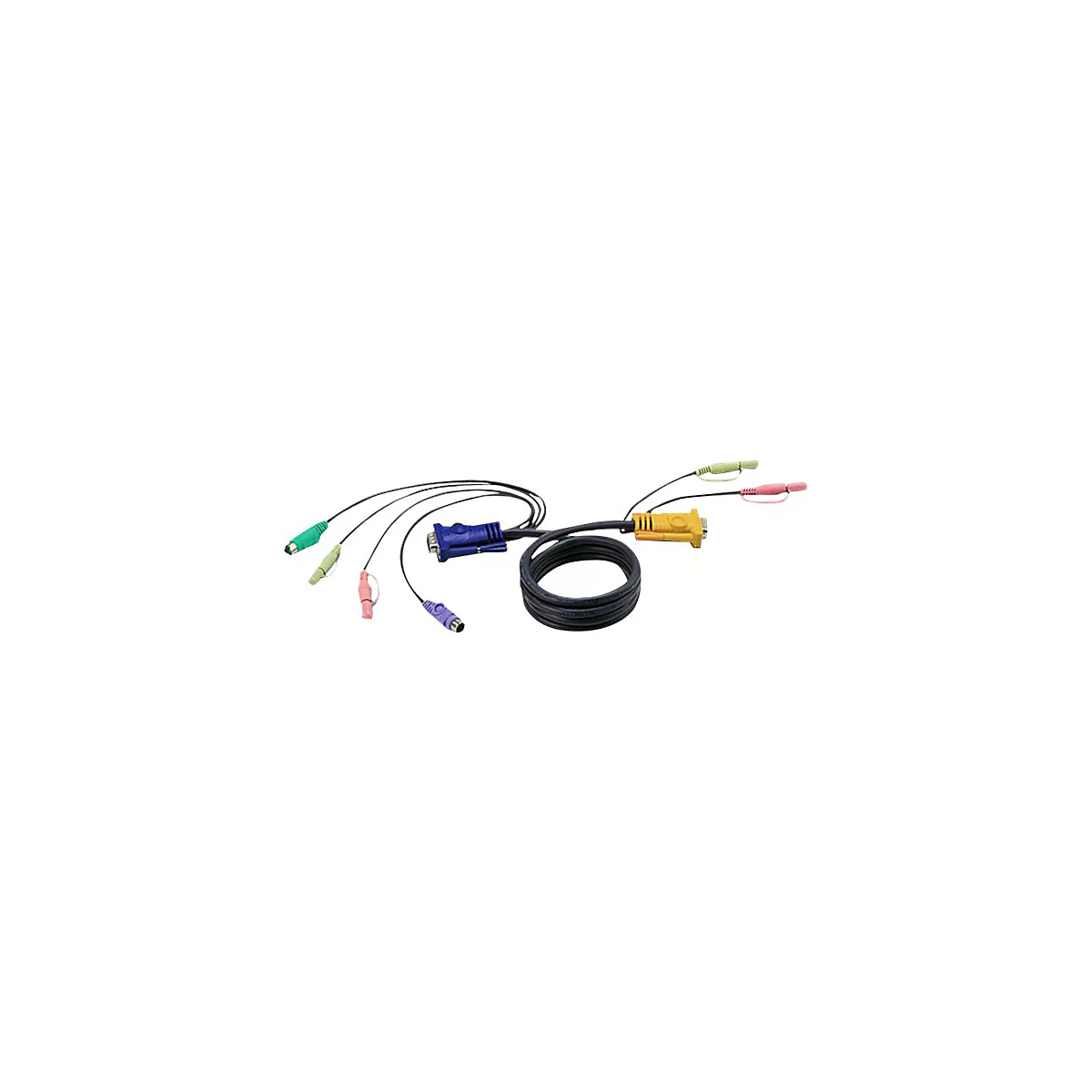 Mehrfarbiges, aufgerolltes Adapterkabel mit verschiedenen Steckern auf weißem Hintergrund.