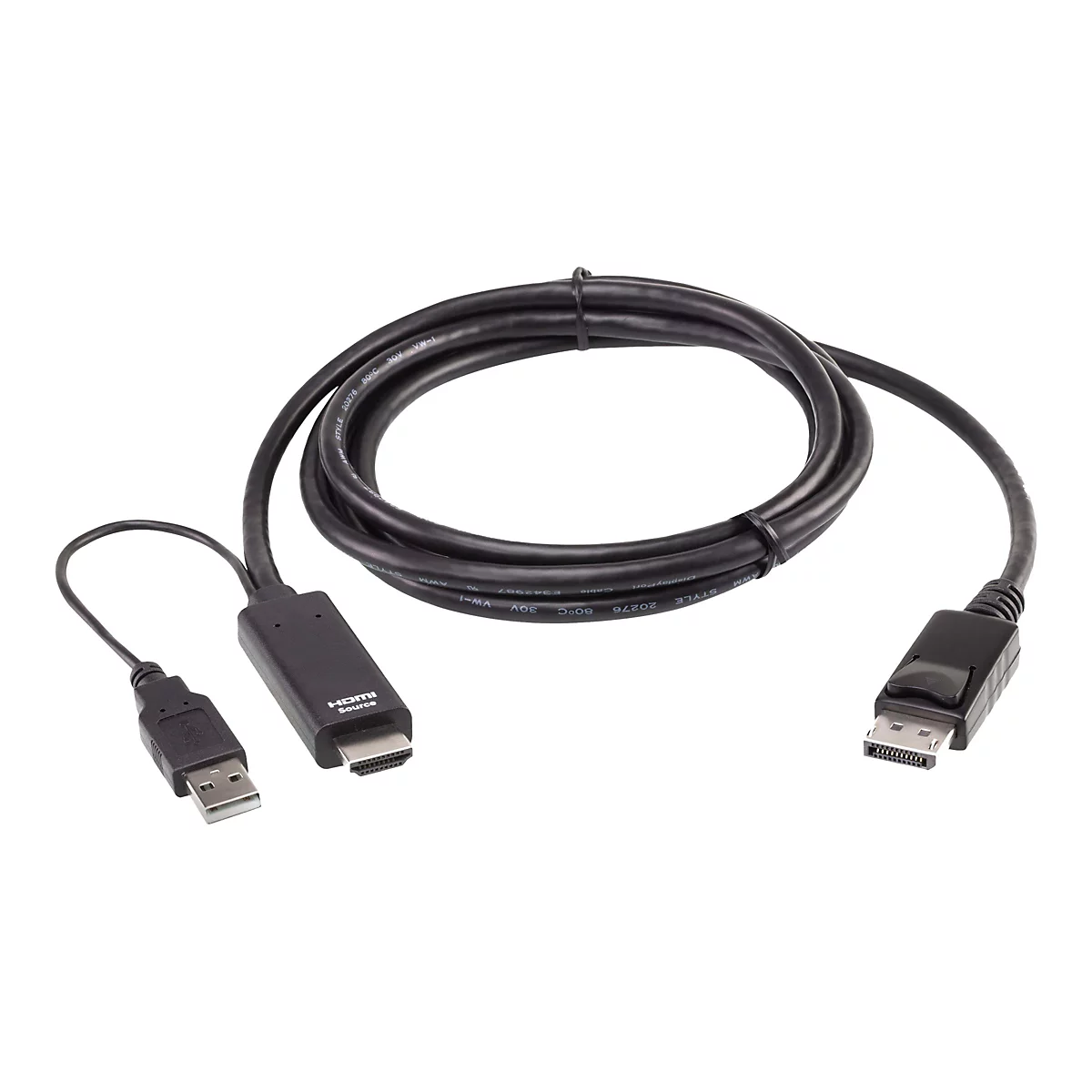 Schwarzes HDMI-auf-DisplayPort-Adapterkabel mit USB-Stromversorgung, aufgerollt auf weißem Hintergrund.