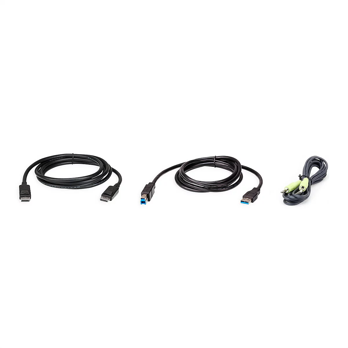 Drei verschiedene schwarze Verbindungskabel vor weißem Hintergrund: DisplayPort, USB-B und ein Audiokabel.