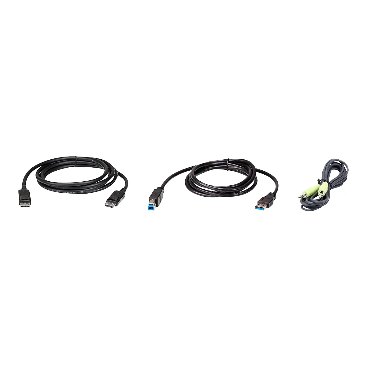 Drei schwarze Computerkabel: ein DisplayPort-Kabel, ein USB-B-auf-A-Kabel und ein Audiokabel mit grünen Klinkensteckern.