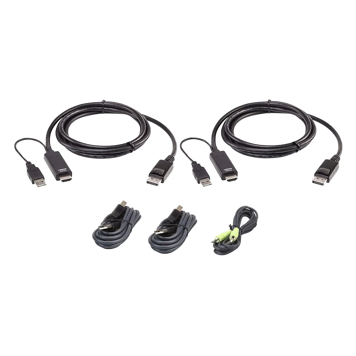Zwei HDMI-zu-DisplayPort-Adapterkabel und drei weitere USB- sowie Audiokabel vor weißem Hintergrund.