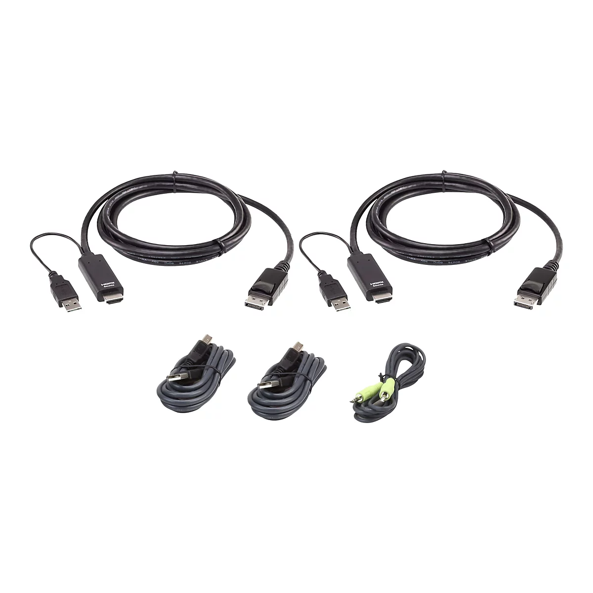 Zwei HDMI-auf-DisplayPort-Adapterkabel und drei zusätzliche Verbindungskabel auf weißem Hintergrund.