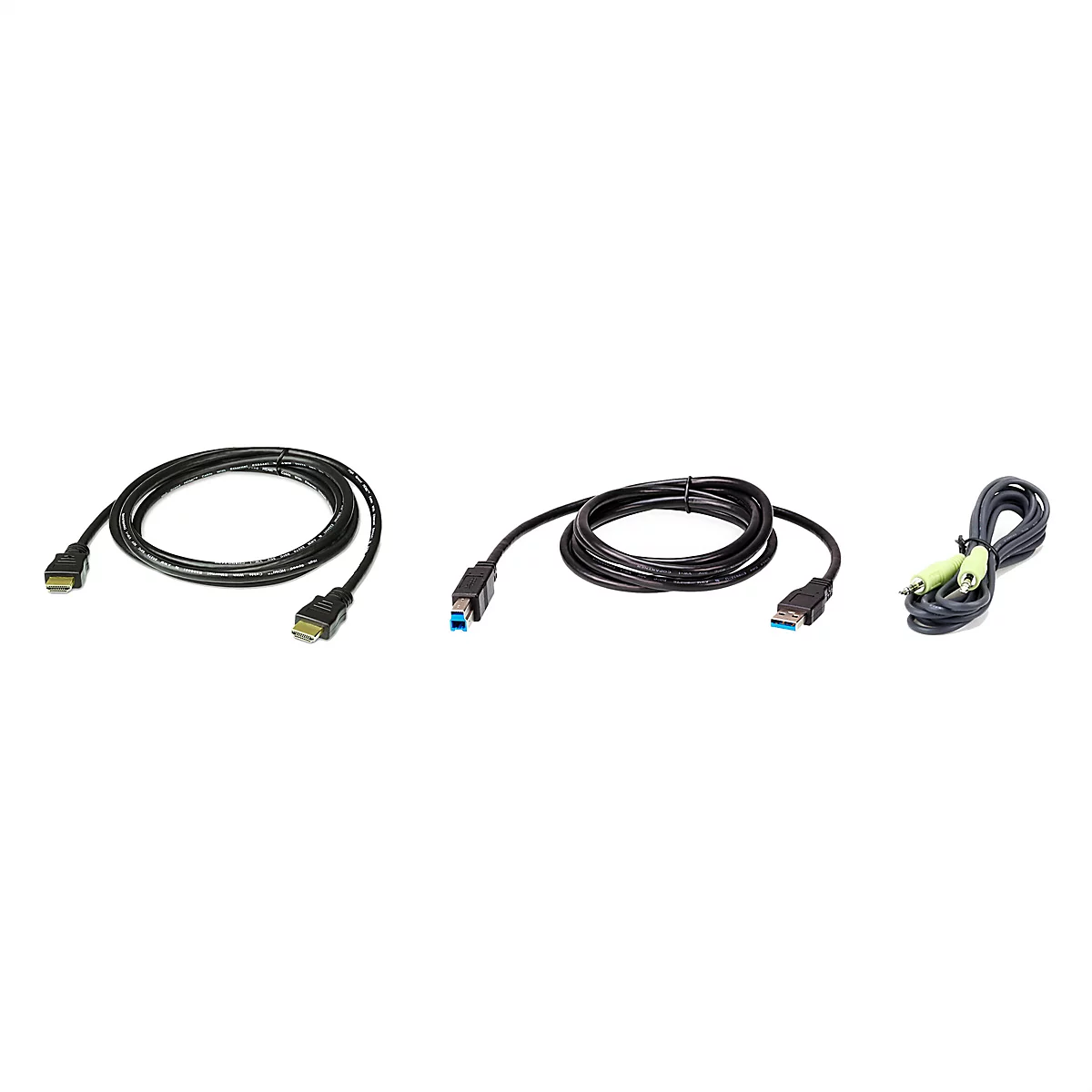Drei schwarze Computerkabel: ein HDMI-Kabel, ein USB-B-Kabel und ein kurzes Audiokabel auf weißem Hintergrund.