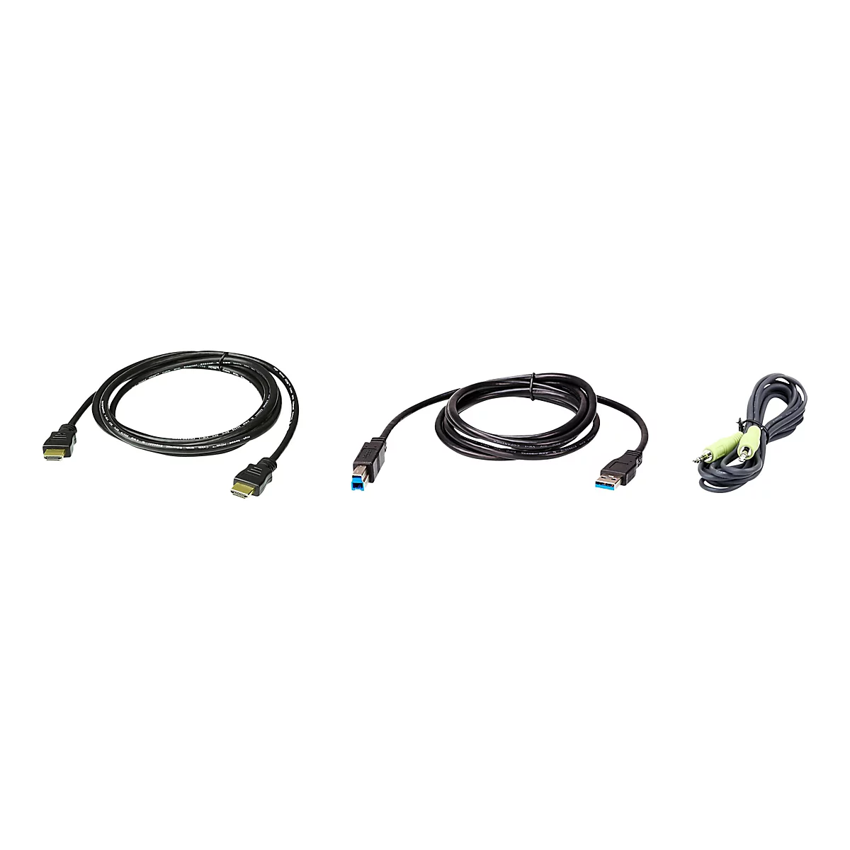 Drei verschiedene schwarze Verbindungskabel: HDMI, USB-B zu USB-A und ein Audio-Klinkenkabel vor weißem Hintergrund.