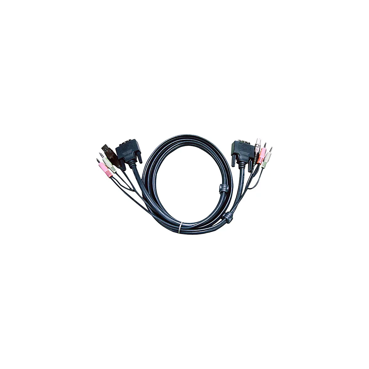 Schwarzes KVM-Kabel mit VGA-, USB- und Audio-Anschlüssen vor weißem Hintergrund.