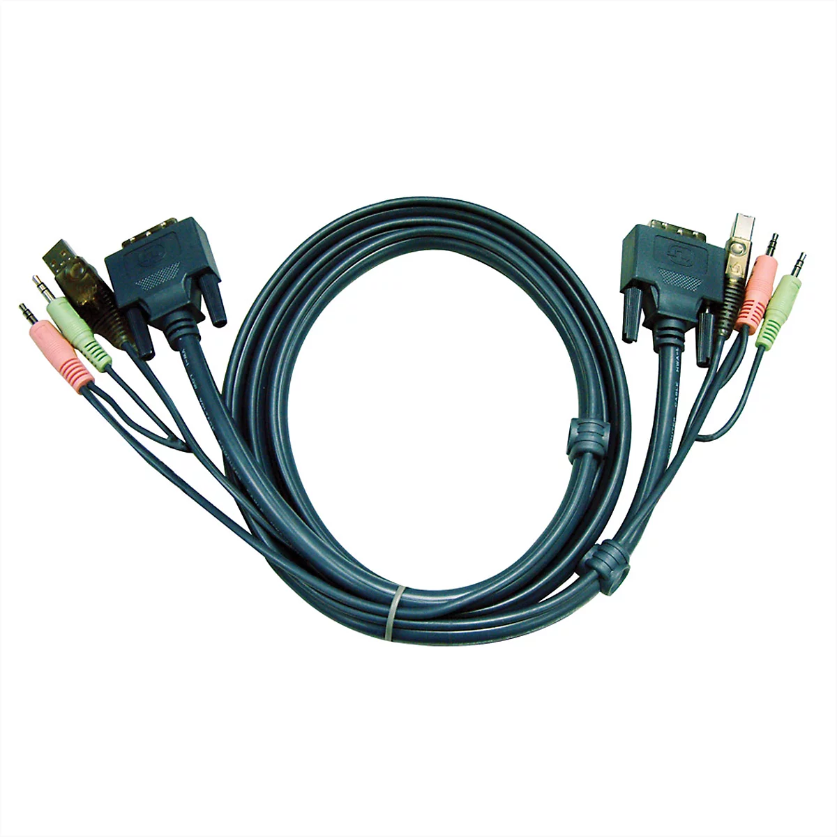 KVM-Kabel mit VGA-, USB- und Audio-Anschlüssen, zu einer Spule aufgerollt, vor weißem Hintergrund.