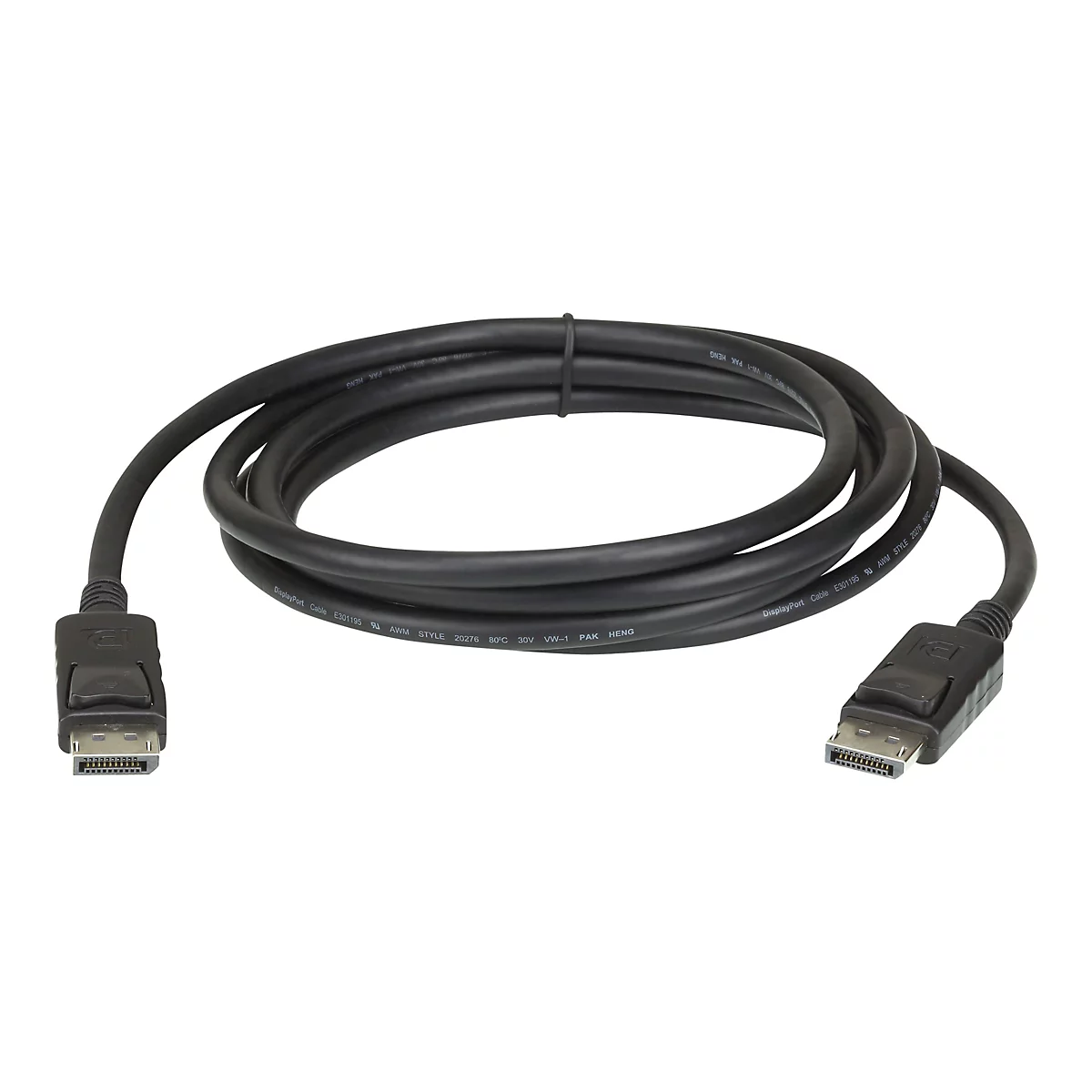 Ein aufgerolltes, schwarzes DisplayPort-Kabel auf weißem Hintergrund.