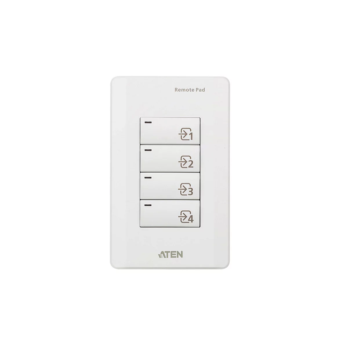 Weißes ATEN Remote Pad mit vier nummerierten Tasten zur Quellenwahl vor neutralem Hintergrund.