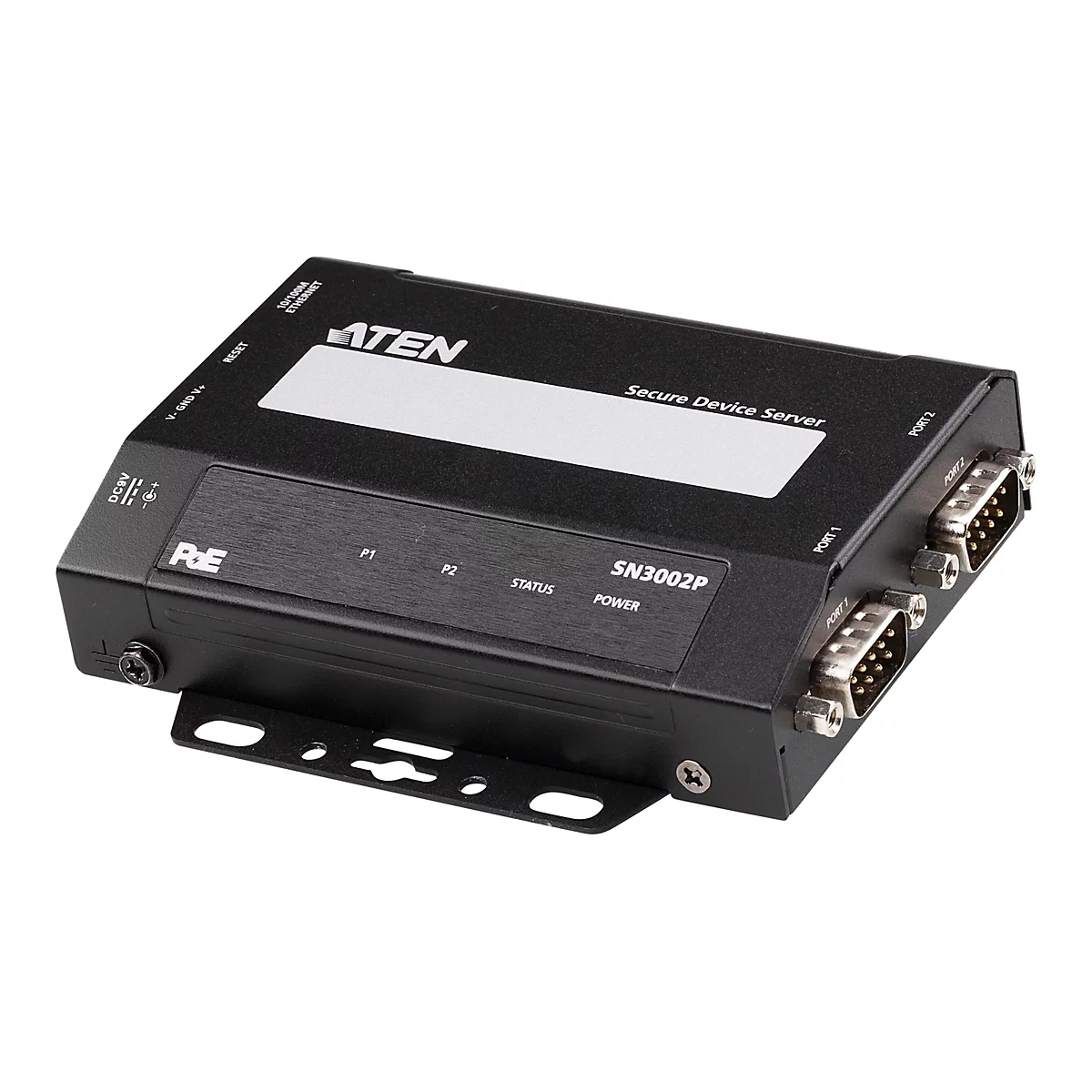 Schwarzer Secure Device Server mit mehreren Anschlüssen. Auf der Vorderseite stehen "ATEN", "SN3002P" und "Secure Device Server".