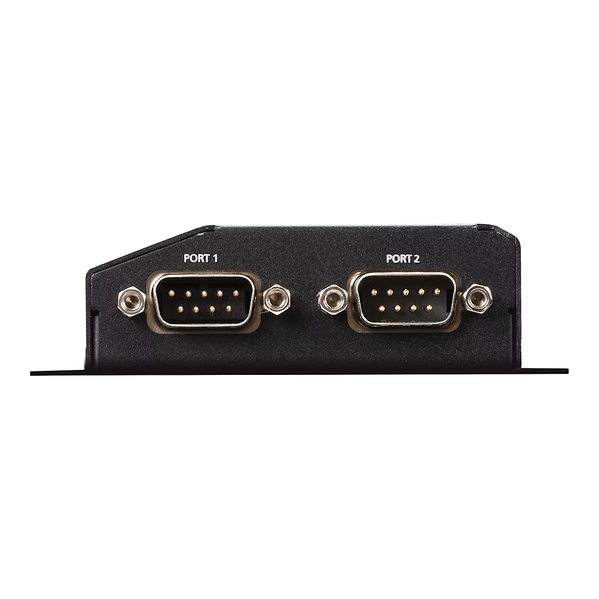 Schwarzes Elektronik-Bauteil mit zwei Steckplätzen, beschriftet mit 'PORT 1' und 'PORT 2'.