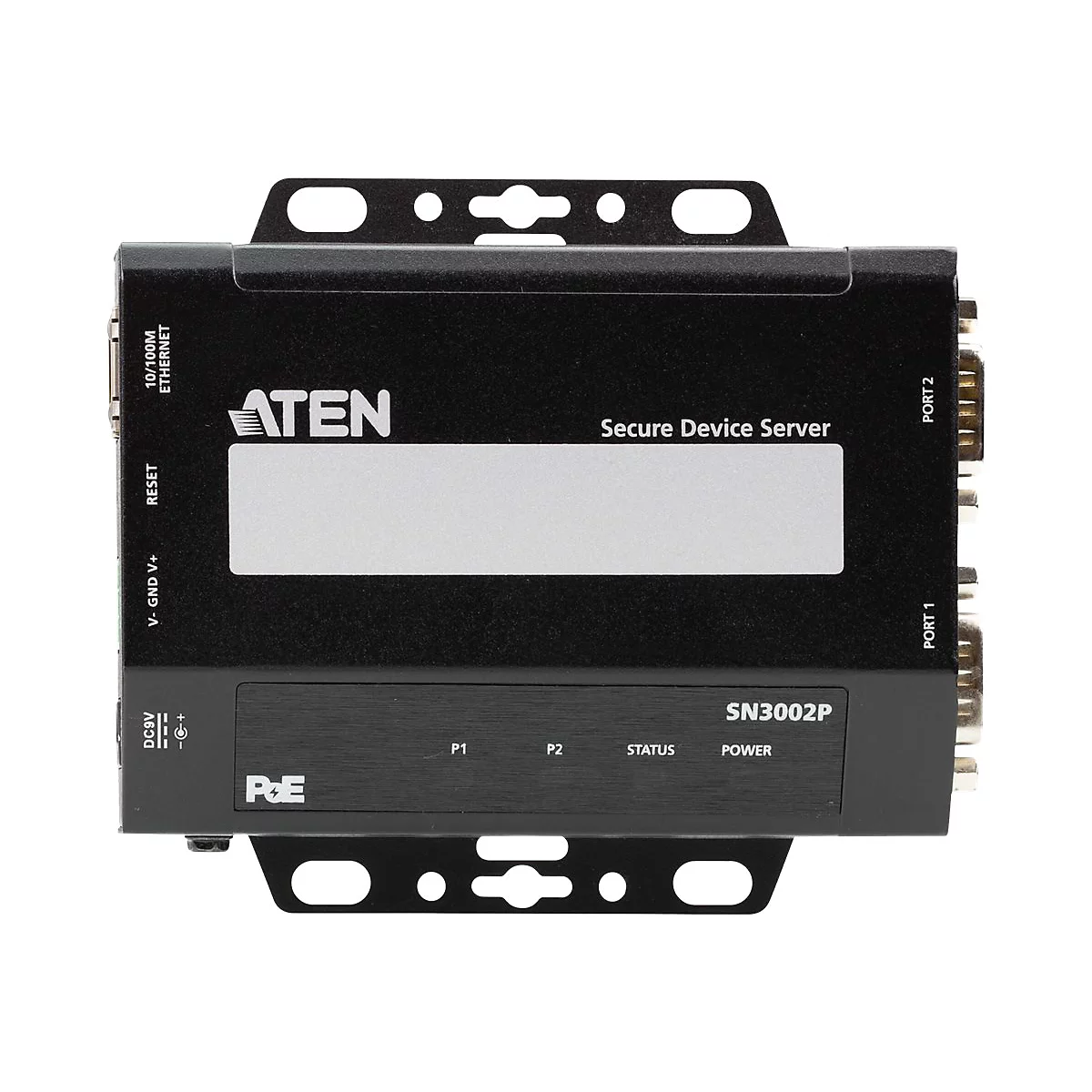 Schwarzer ATEN Secure Device Server mit Anschlüssen, Ethernet-Port und Modellbezeichnung SN3002P.