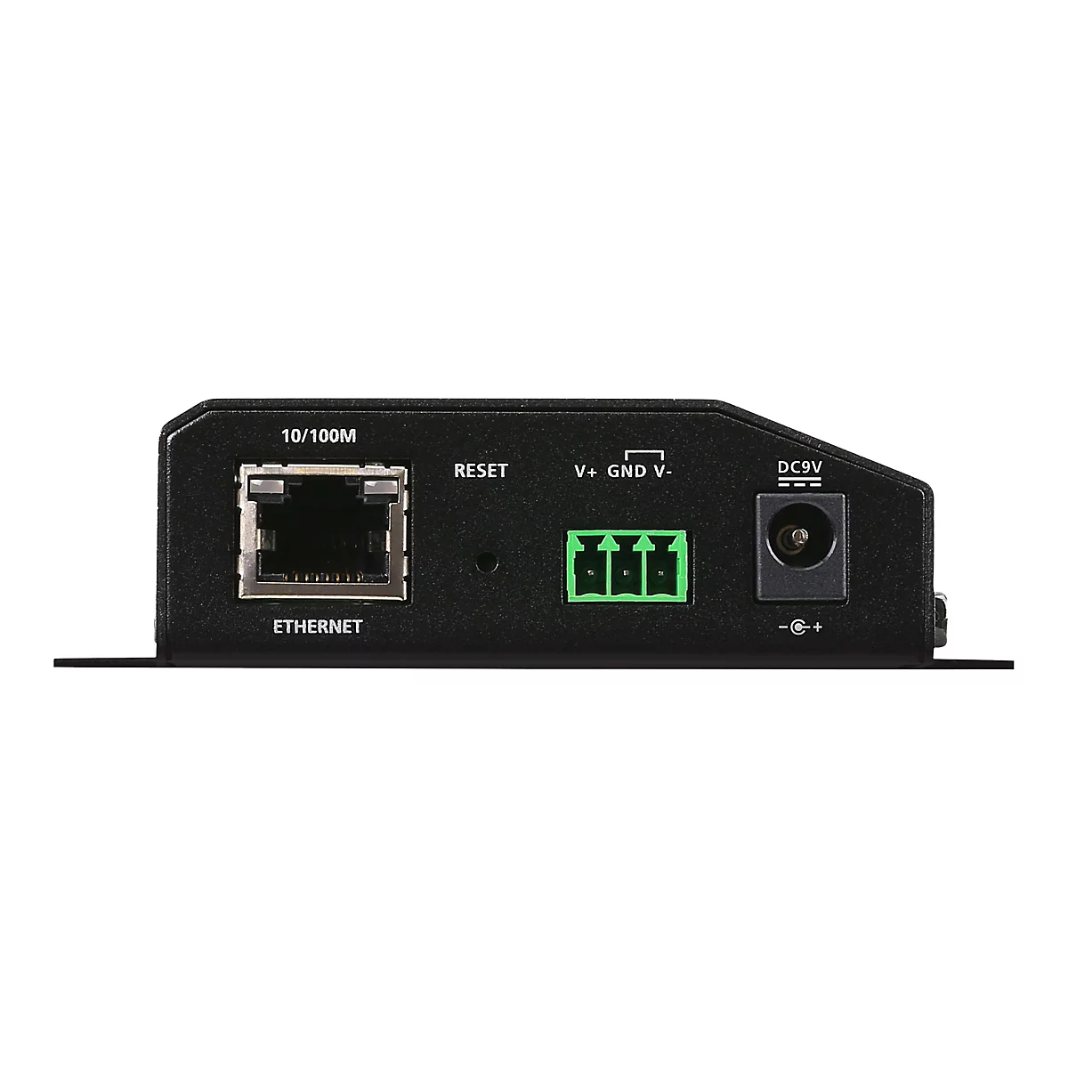 Schwarzer Netzwerk-Konverter, Vorderseite. Mit Ethernet-Anschluss, DC9V und Klemmanschluss.