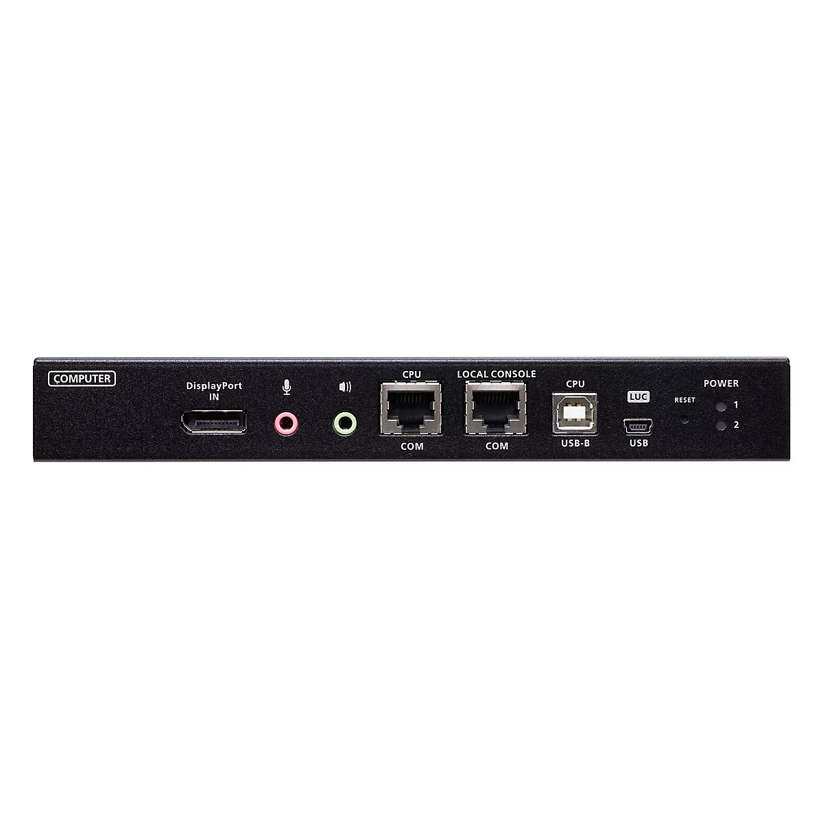 Rückseite eines schwarzen Computer-Switches mit DisplayPort-, Audio-, COM-, USB-B- und USB-Anschlüssen.