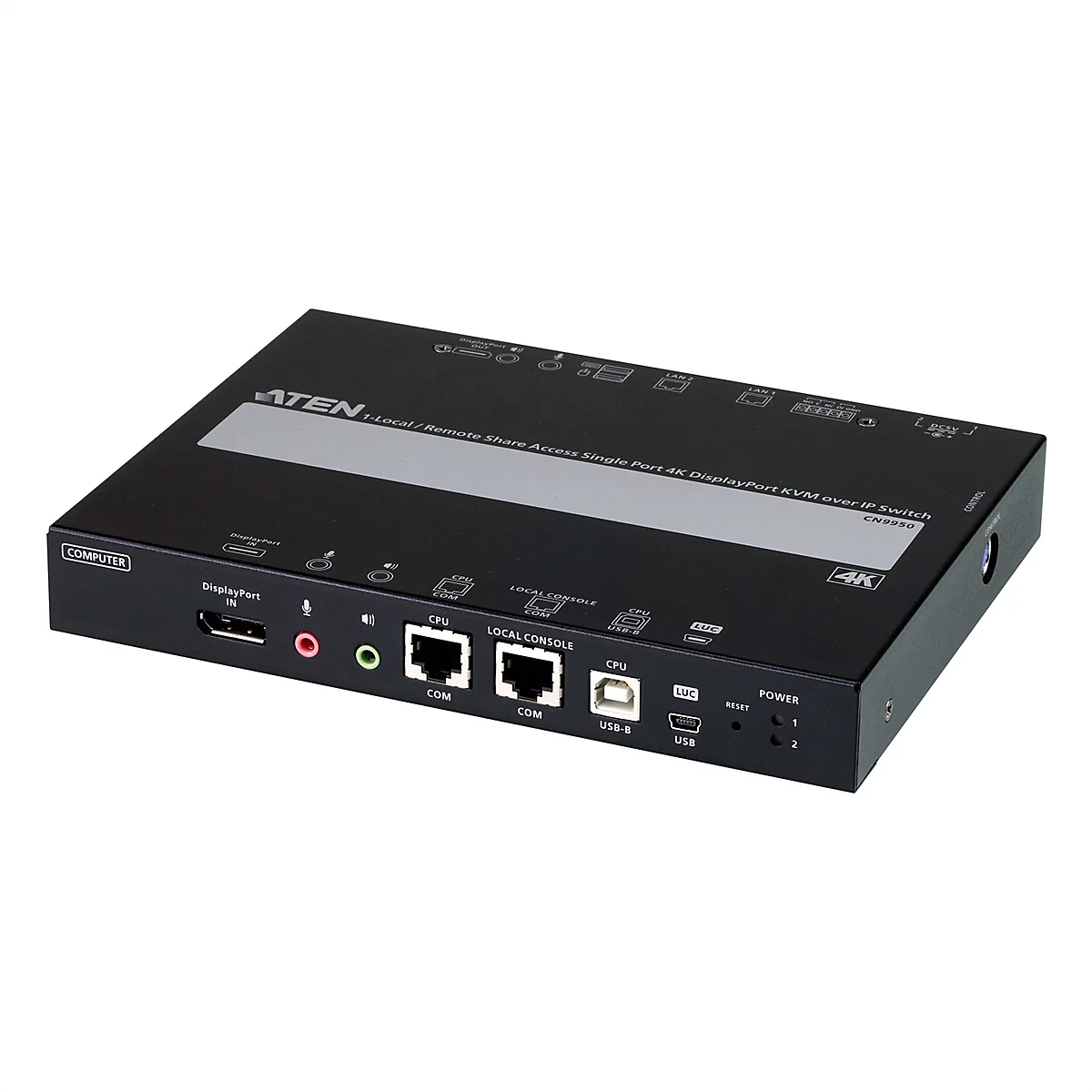 Schwarzer ATEN 4K KVM-over-IP-Switch vor weißem Hintergrund mit zahlreichen Anschlüssen wie DisplayPort und USB.