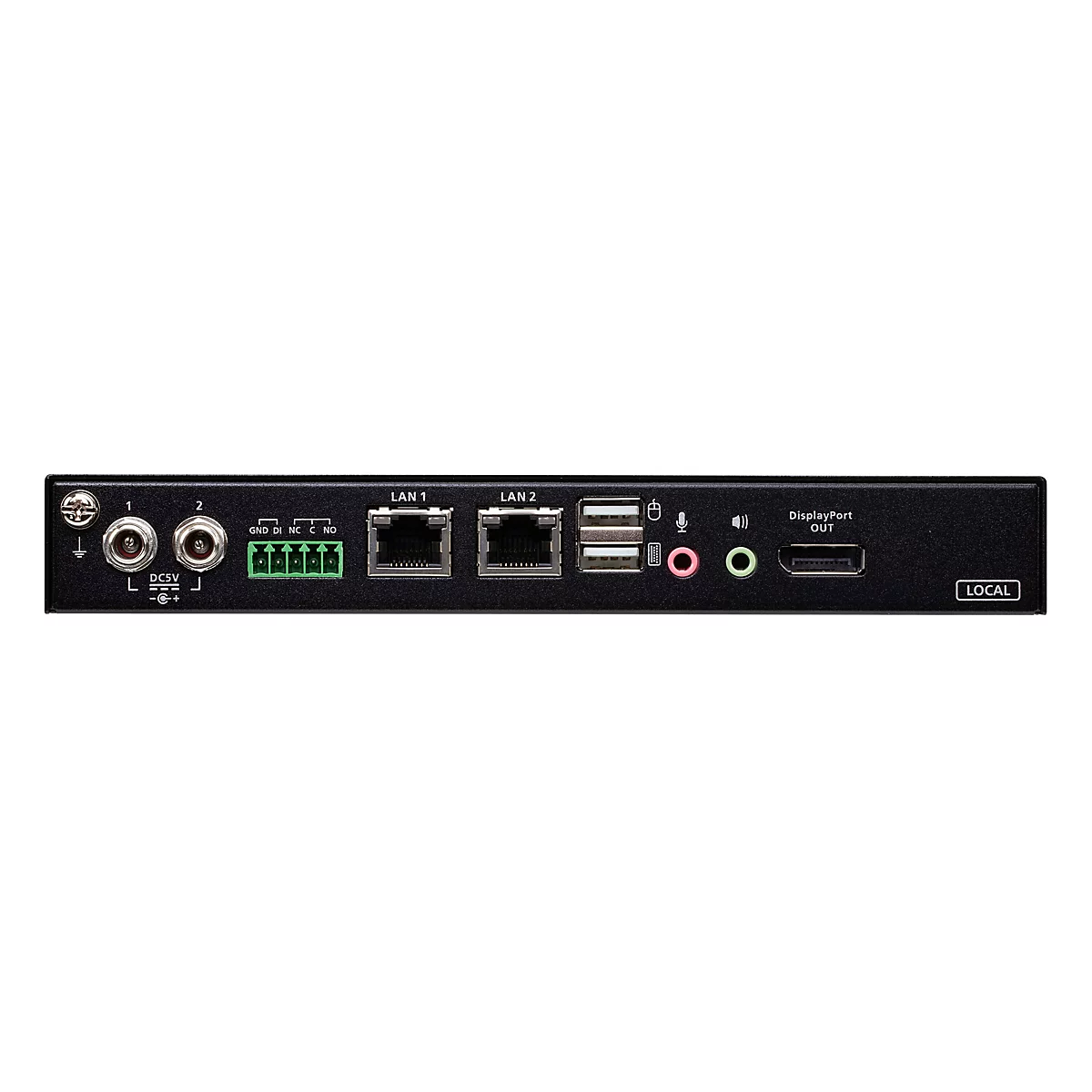 Rückseite eines schwarzen Netzwerkgeräts mit Anschlüssen für Strom, LAN, USB, Audio und DisplayPort.