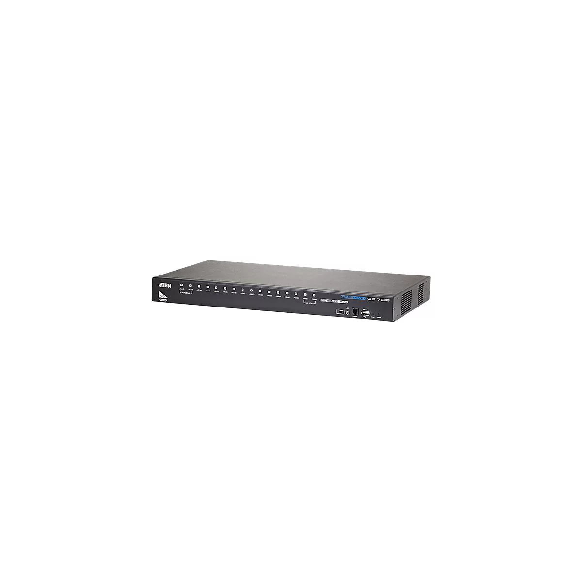 Schwarzer ATEN KVM-Switch mit zahlreichen Ports und Beschriftungen. Auf der rechten Seite sind weitere Anschlüsse wie USB.