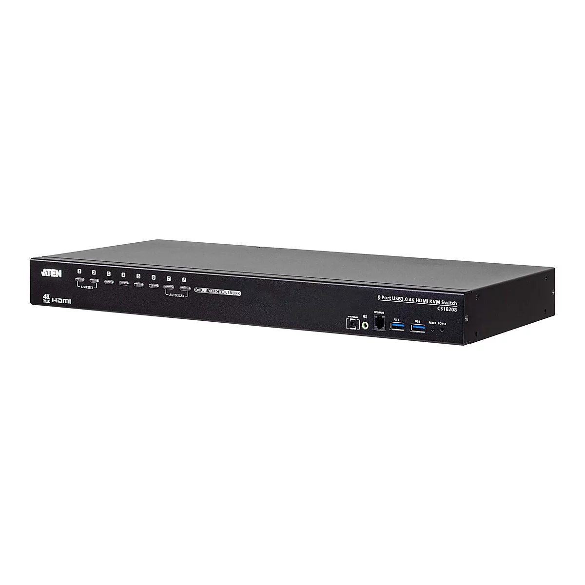 Ein schwarzer HDMI-KVM-Switch mit Tasten, Anschlüssen und Texten. Auf der Vorderseite sind Tasten mit Nummern von 1 bis 8 zu sehen, darunter Text wie "K/M RESET" und "AUTO SCAN". Auf der rechten Seite sind Anschlüsse und ein Schriftzug zu sehen: "8 Por...