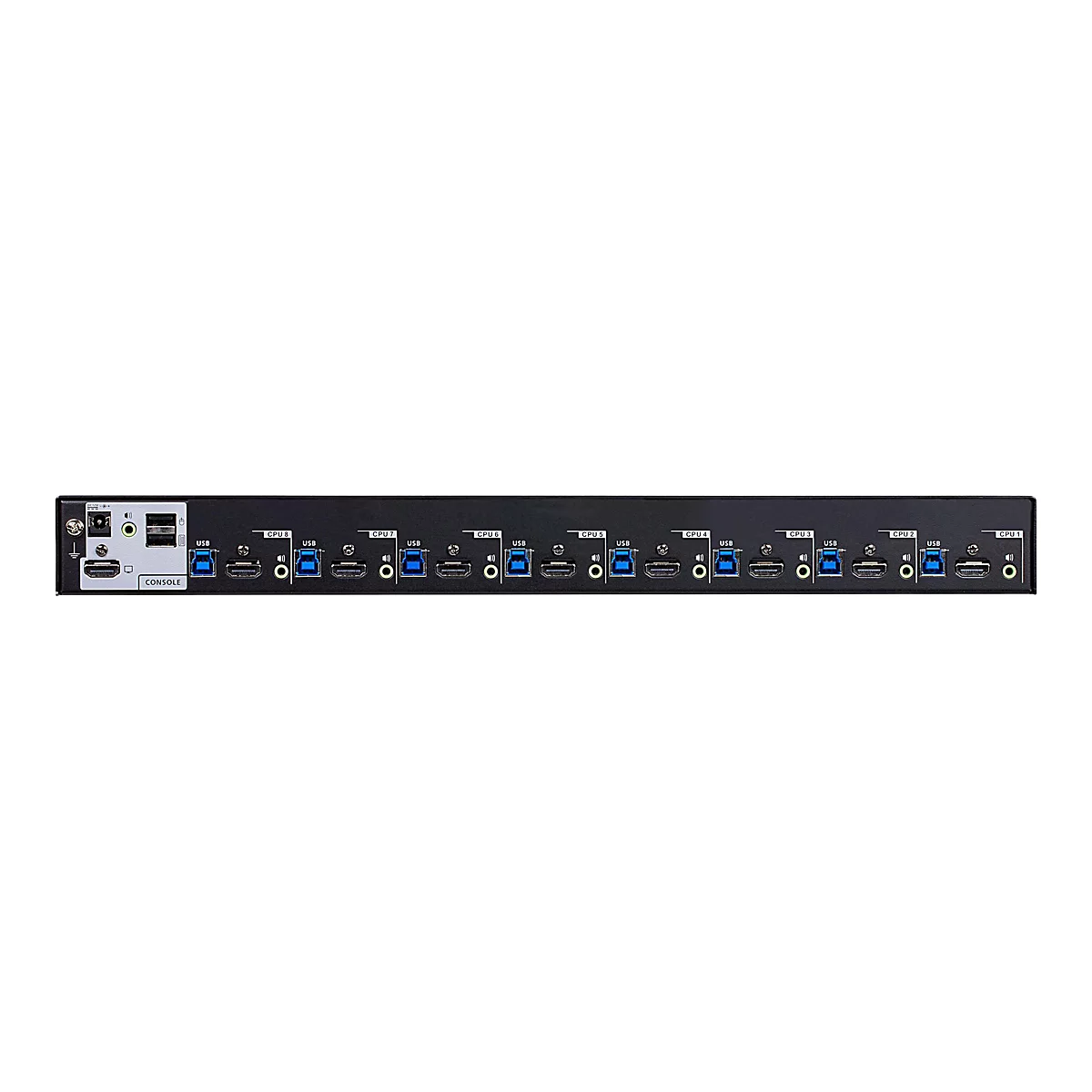 Schwarzer KVM-Switch mit zahlreichen Anschlüssen, darunter USB- und HDMI-Ports, beschriftet mit CPU-Nummern.