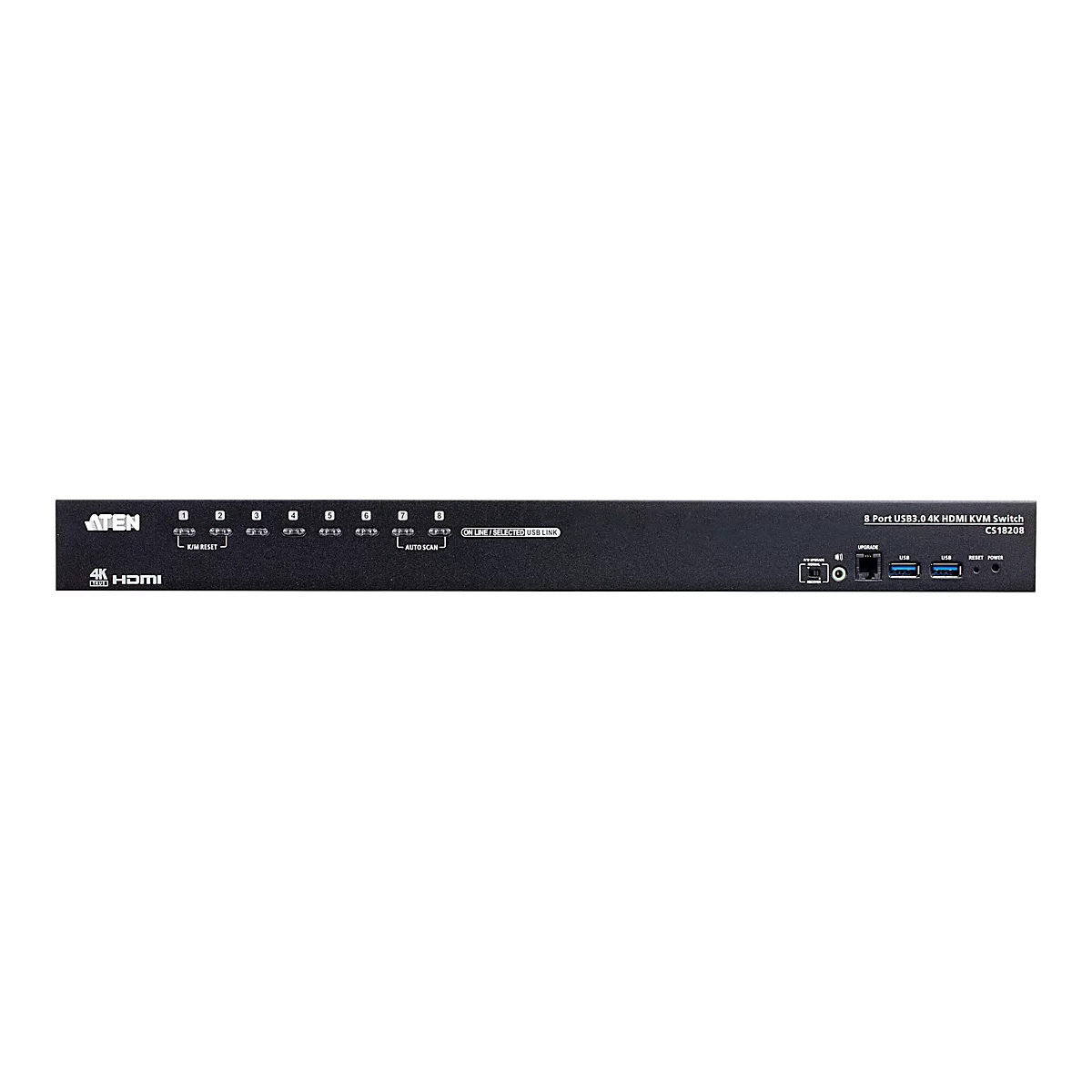 Schwarzer KVM-Switch mit der Aufschrift "ATEN". Das Gerät hat mehrere Eingänge und Ausgänge, sowie LEDs und Tasten.