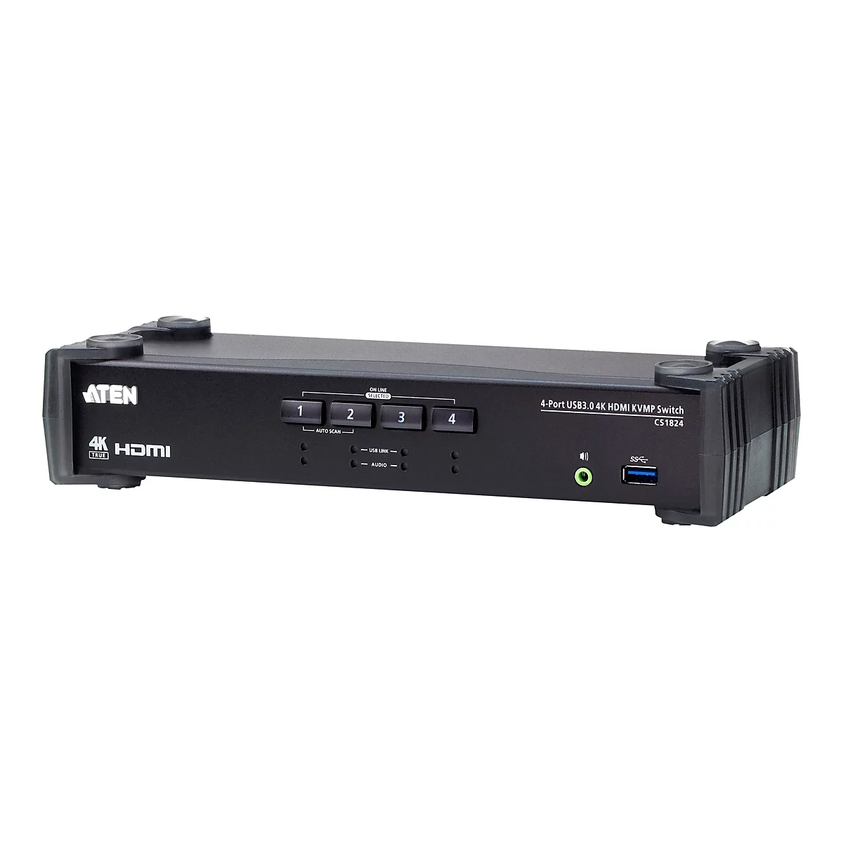 Schwarzer ATEN 4-Port USB3.0 4K HDMI KVMP Switch. Auf der Oberseite befinden sich vier Tasten, Anschlüsse für USB, Audio und HDMI.
