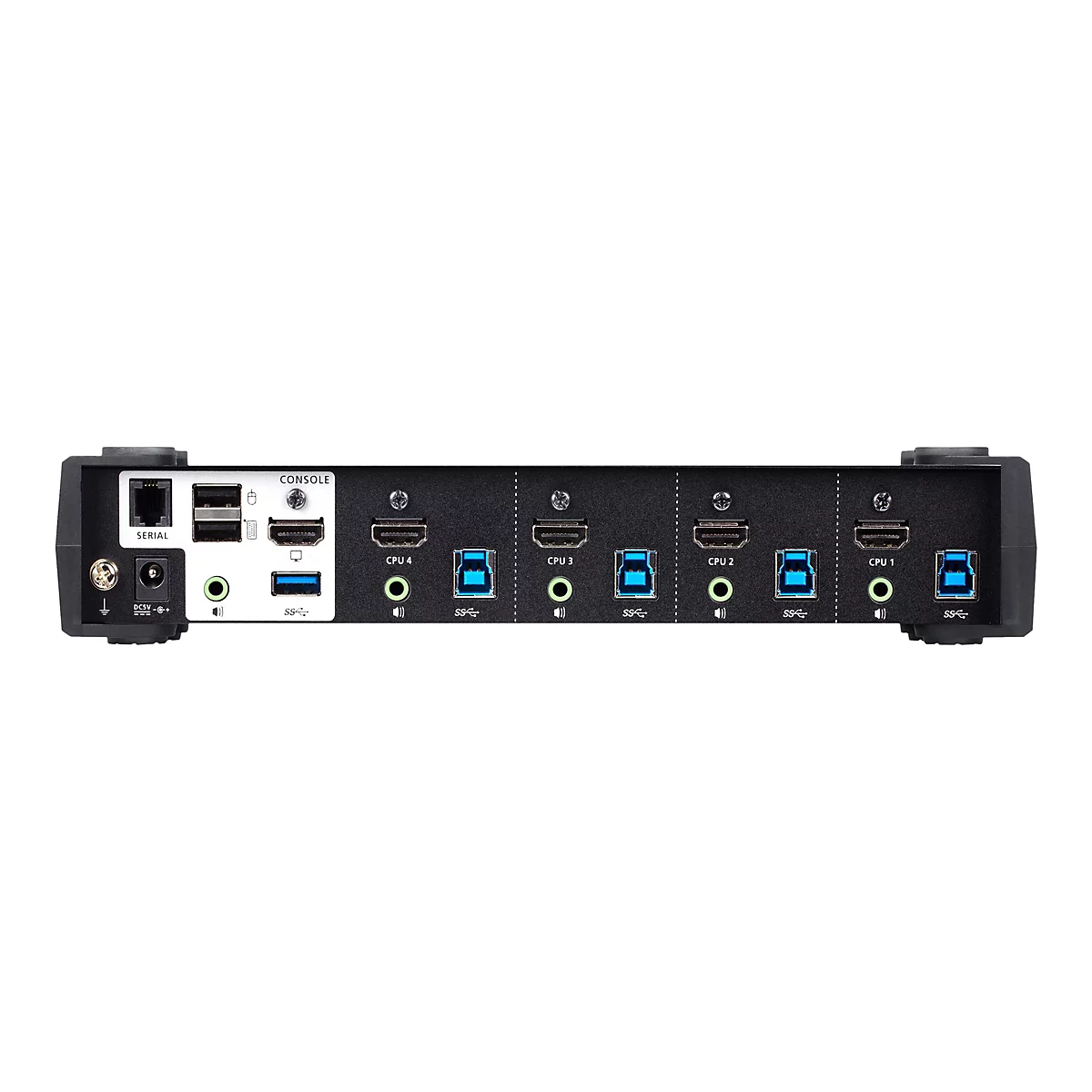 Schwarzer KVM-Switch mit Anschlüssen für mehrere Geräte.