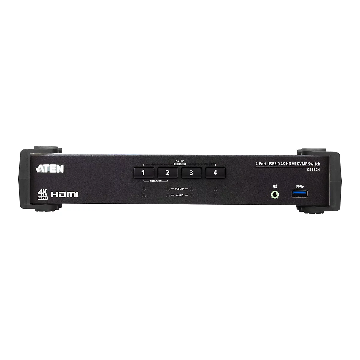 Schwarzer 4-Port USB3.0 4K HDMI KVMP Switch mit Tasten und Anschlüssen. Aufschrift: ATEN, 4K HDMI, 1, 2, 3, 4, USB Link, Audio, SS.