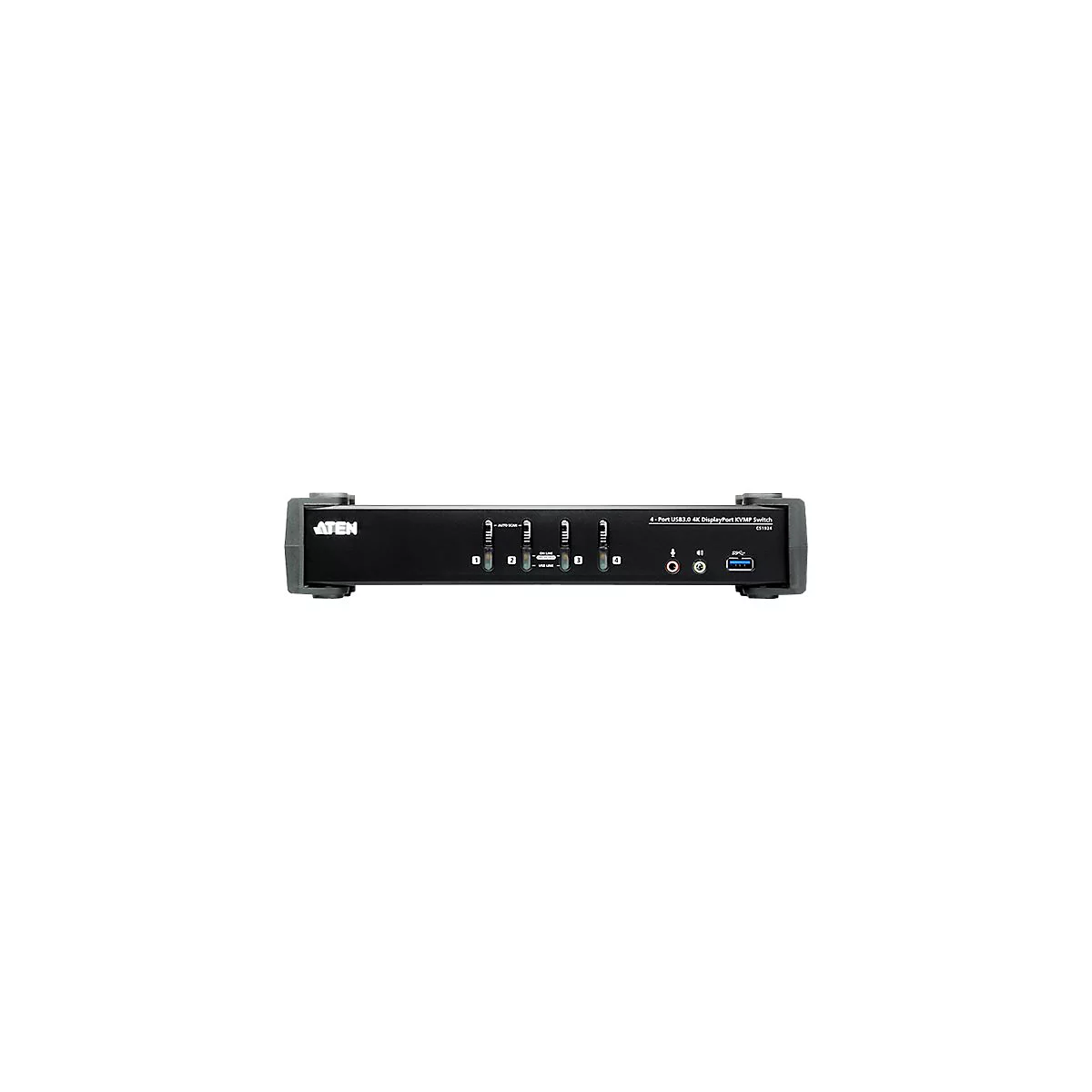 Schwarzer USB-DisplayPort-Switch. Vier EingÃ¤nge mit Schaltern. Aufschrift: 'ATEN' und '4-Port USB3.0 4K DisplayPort KVMP Switch'.