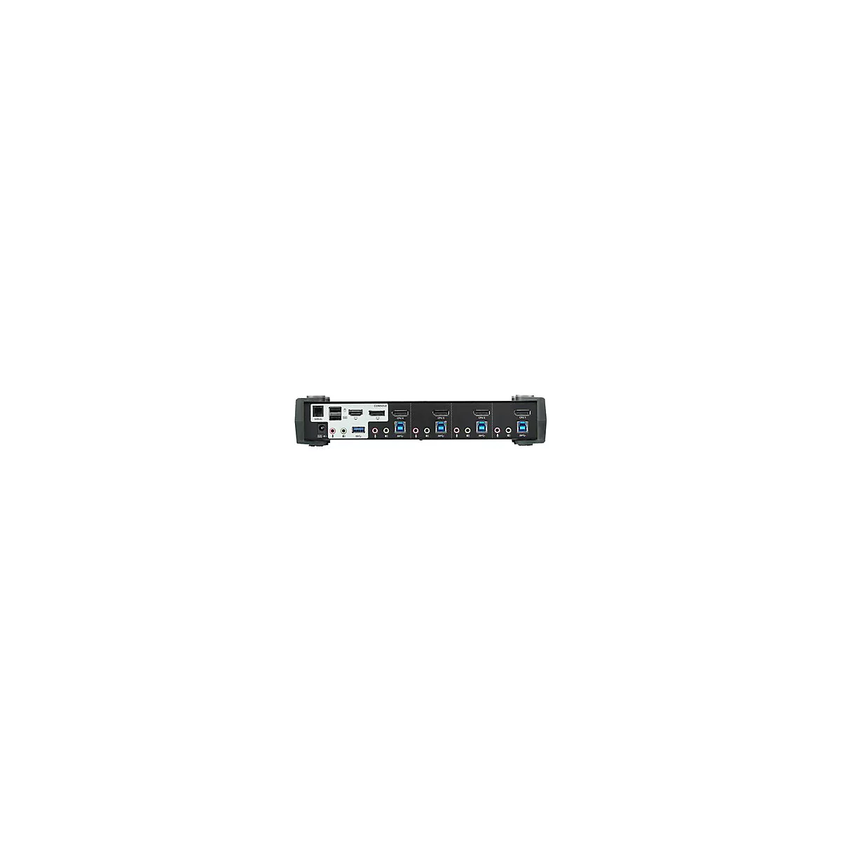 Schwarz-grauer KVM-Switch mit diversen AnschlÃ¼ssen, darunter HDMI, USB und Audio. Beschriftung: Console und CPU 1-4.