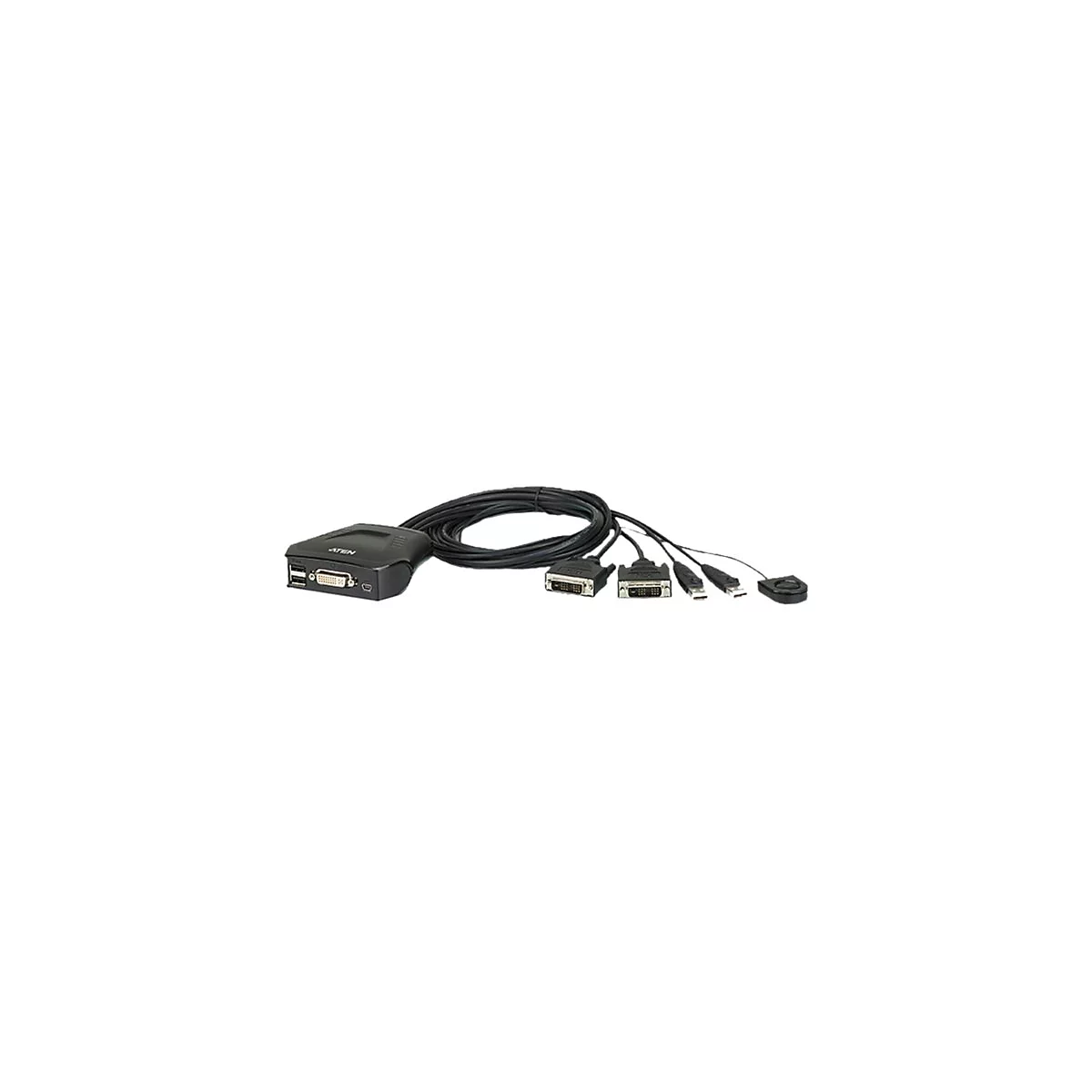 KVM-Switch mit DVI-, USB- und Audioanschlüssen sowie einem externen Fernbedienungsknopf vor weißem Hintergrund.