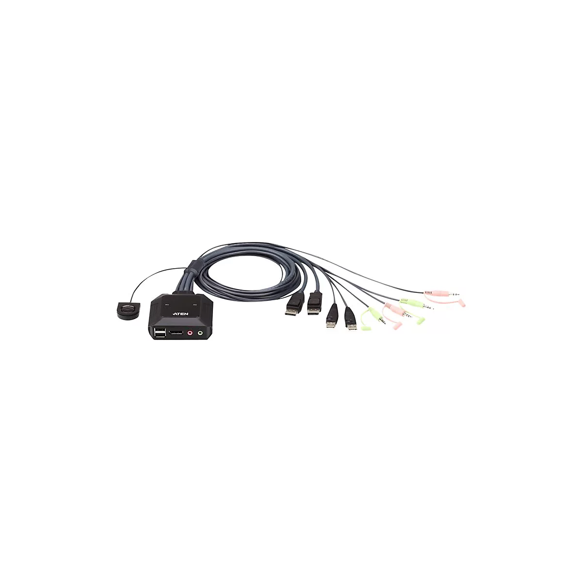Schwarzer KVM-Switch mit mehreren Kabeln, USB-AnschlÃ¼ssen, AudioeingÃ¤ngen und -ausgÃ¤ngen, verschiedenen Kabeln und einem runden FernbedienungsempfÃ¤nger.