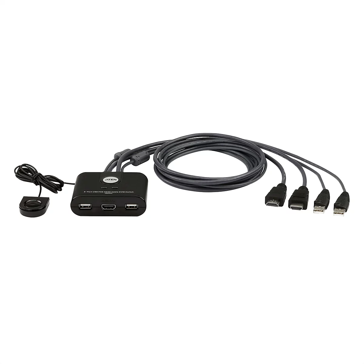 Schwarzer 2-Port USB FHD HDMI KVM-Switch von Aten mit Kabeln und externer Steuerung vor weißem Hintergrund.