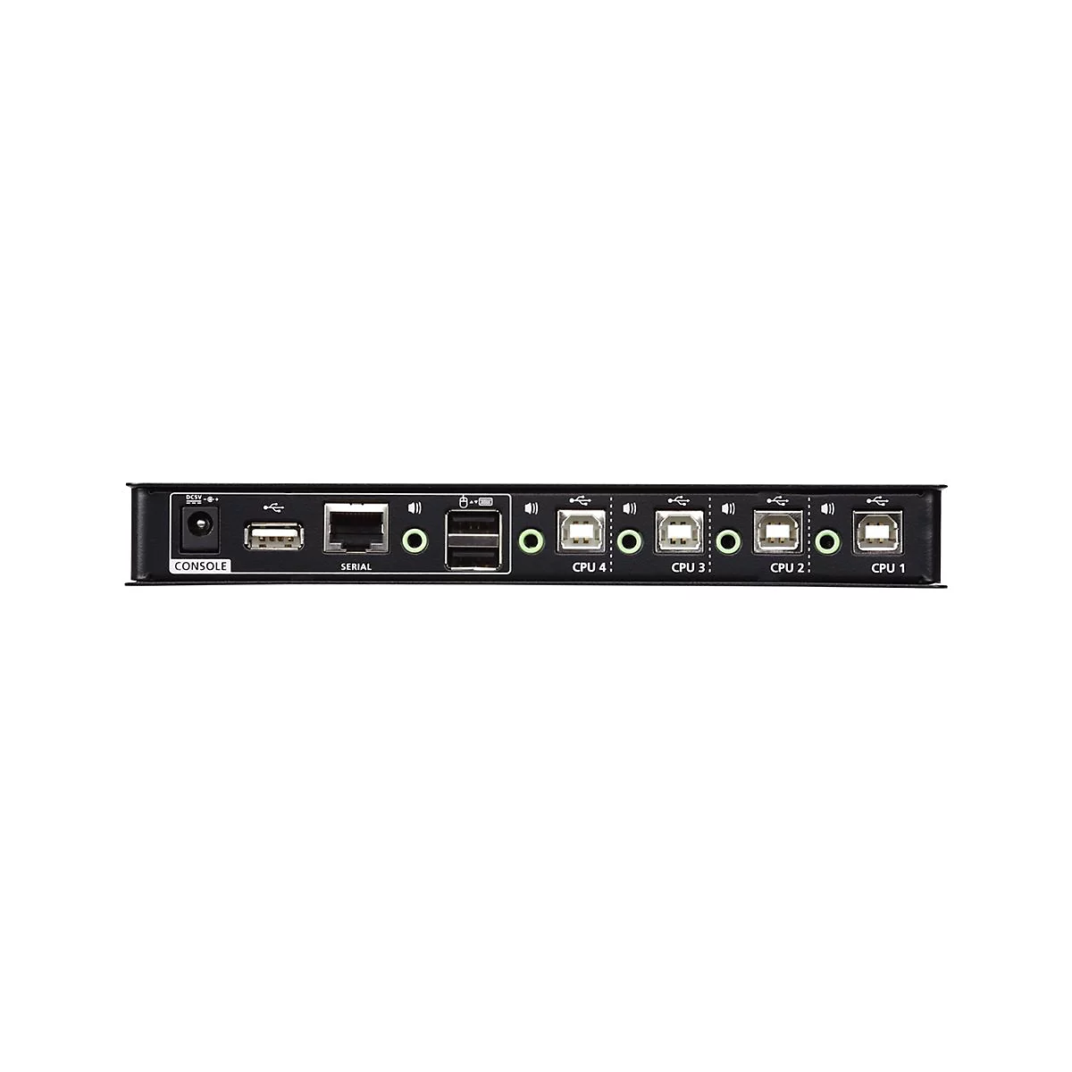 Schwarzer KVM-Switch mit AnschlÃ¼ssen fÃ¼r CPU 1-4 und Konsole. Beschriftungen: CONSOLE, SERIAL, CPU 1 bis CPU 4.