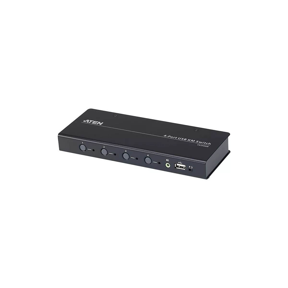 Schwarzer USB-KVM-Switch mit vier AnschlÃ¼ssen. Auf der Oberseite steht ATEN und 4-Port USB KM Switch.