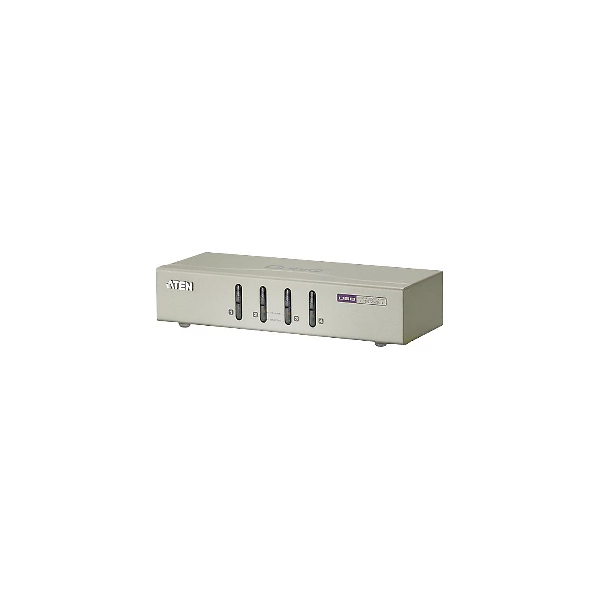 Graue KVM-Switch-Box mit vier Knöpfen. Beschriftet mit ATEN, USB, CS74U und Zahlen 1-4.