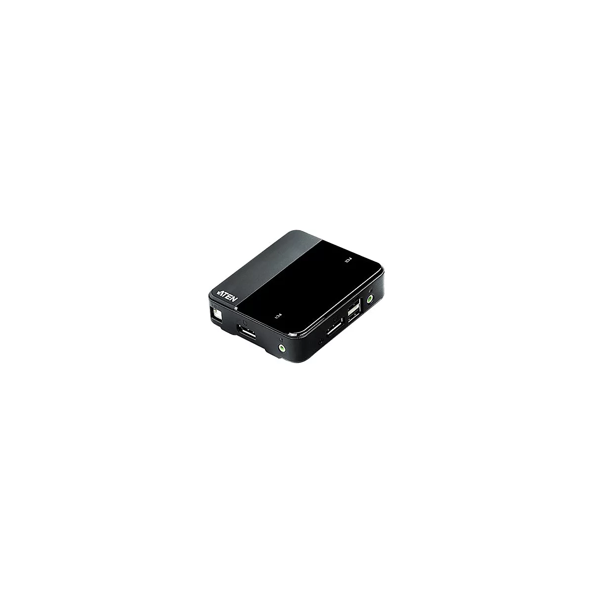 Schwarzer KVM-Switch mit AnschlÃ¼ssen, ATEN Logo. Oben glÃ¤nzend, unten matt, mit PC1 und PC2 Beschriftung.