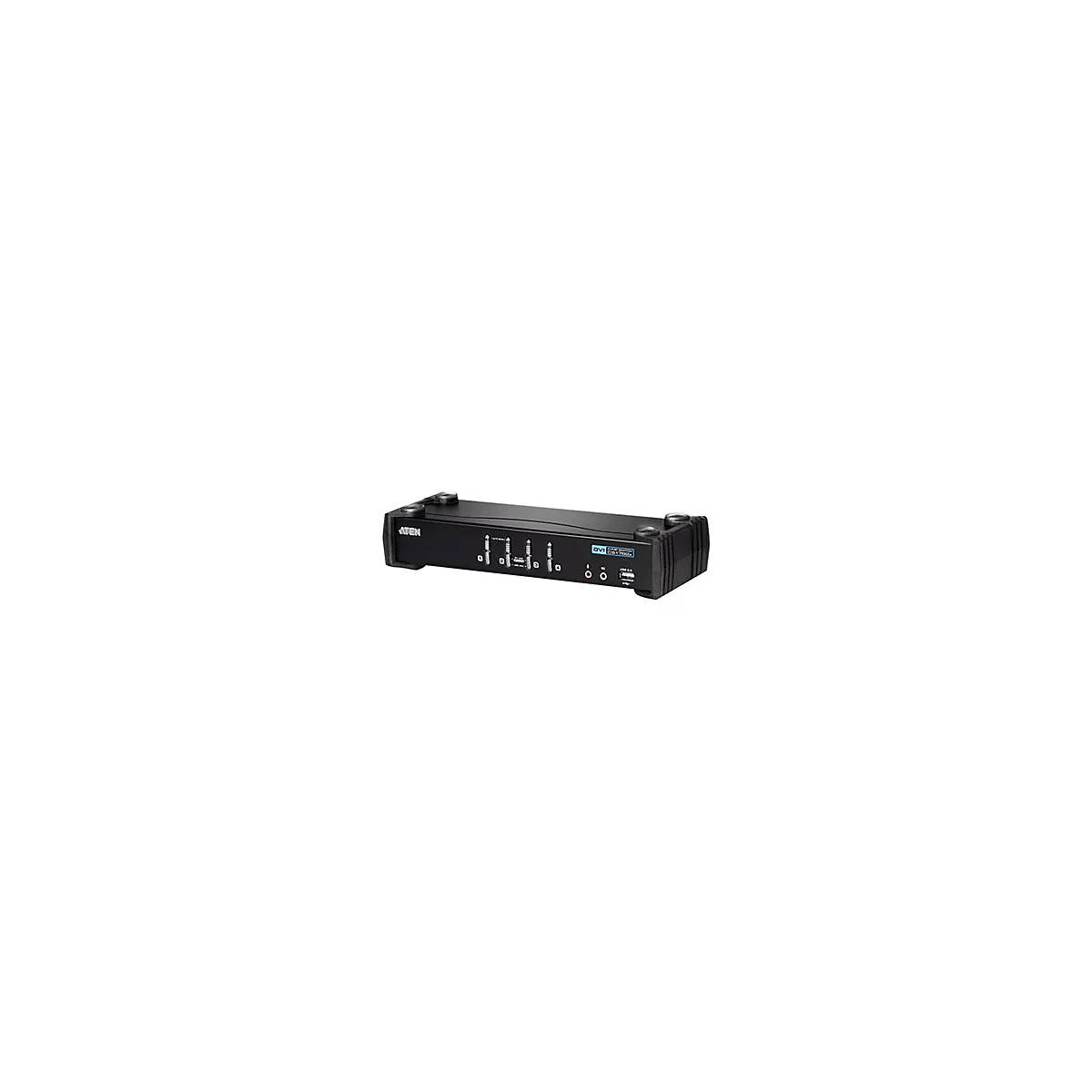 Ein schwarzer DVI-Switch mit verschiedenen AnschlÃ¼ssen. Das GerÃ¤t hat das Logo 'ATEN' und Aufschriften wie 'USB 2.0'.