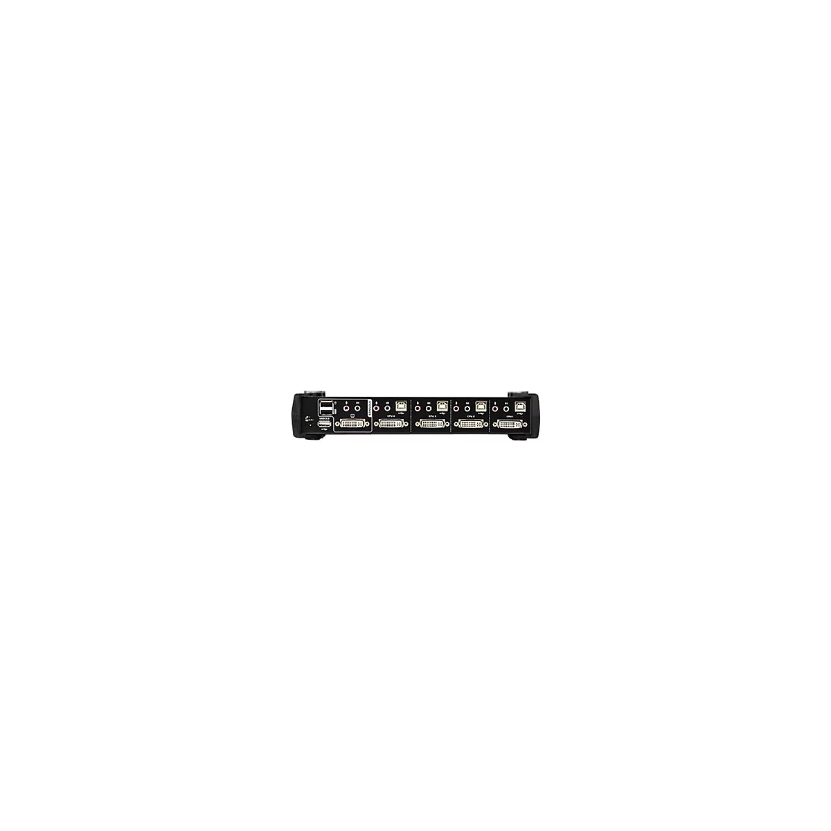 Schwarz-silberner KVM-Switch mit AnschlÃ¼ssen fÃ¼r Monitore, USB und Audio. Aufschrift: Console, CPU 1, 2, 3, 4.