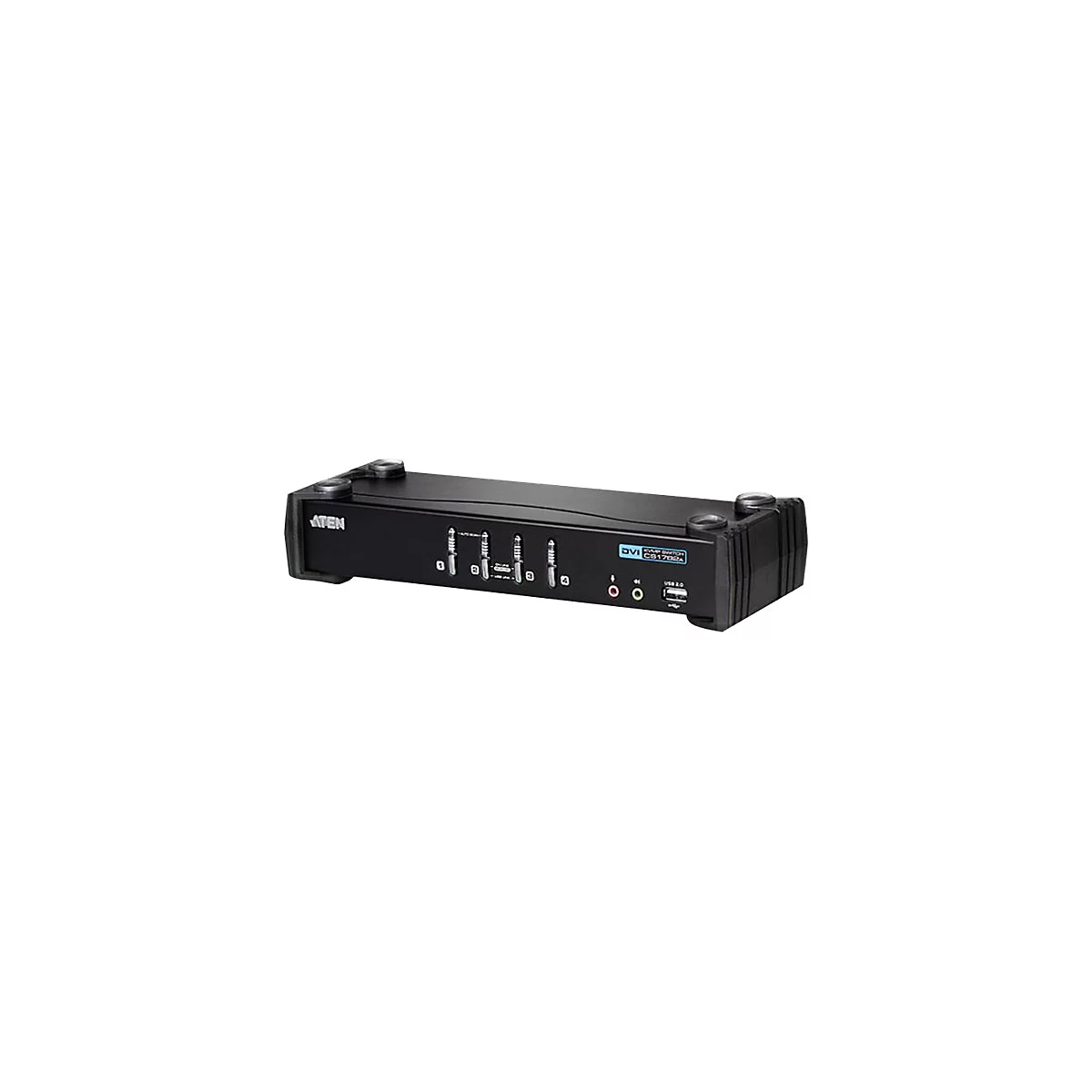 Schwarzer ATEN DVI-Switch, Tasten, AnschlÃ¼sse, USB. Auf weiÃŸem Hintergrund.