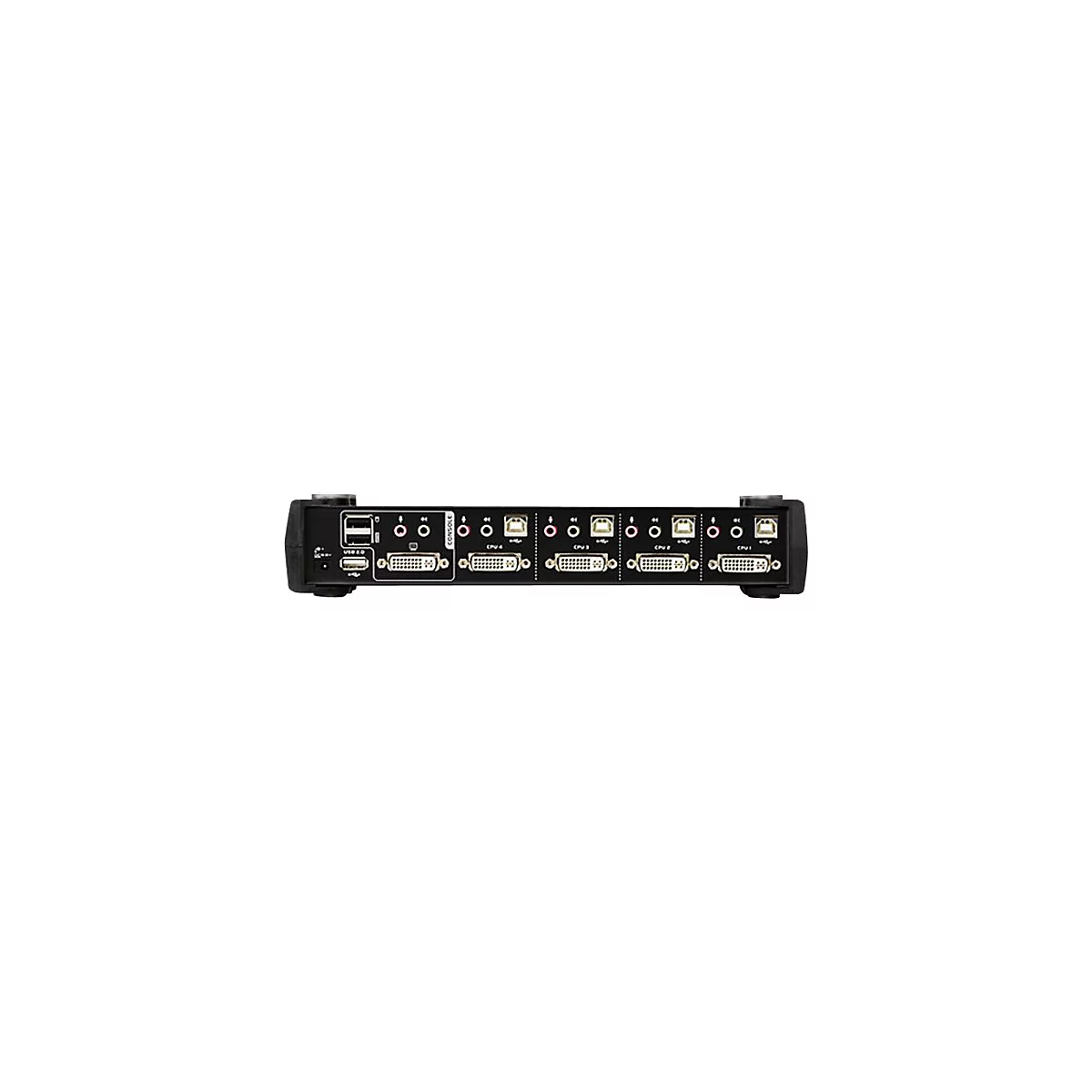 Ein schwarzer KVM-Switch mit verschiedenen AnschlÃ¼ssen: USB, Audio und DVI, beschriftet mit CPU 1 bis CPU 4.