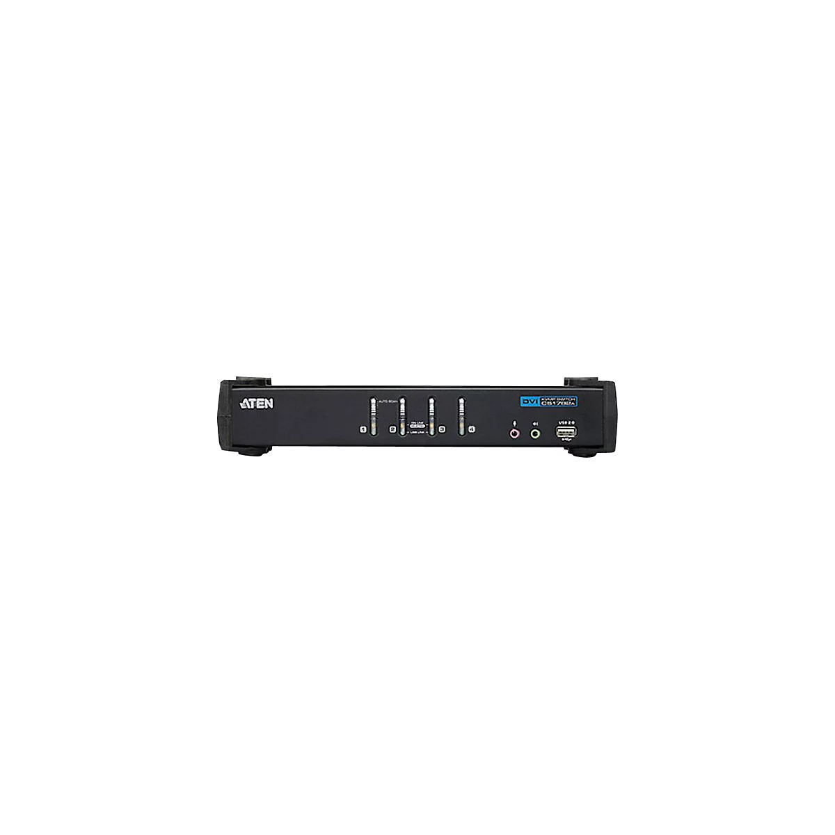 Schwarzer ATEN DVI-Umschalter mit Bedienfeldern, AnschlÃ¼ssen und USB-Port. Aufschrift: DVI.