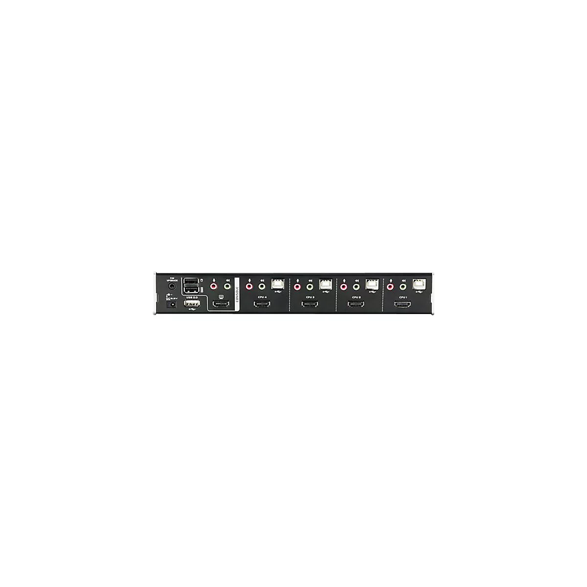 Schwarzer KVM-Switch mit vielen AnschlÃ¼ssen: USB, HDMI, Audio und LAN. Aufschrift Console. Detaillierte Ansicht.