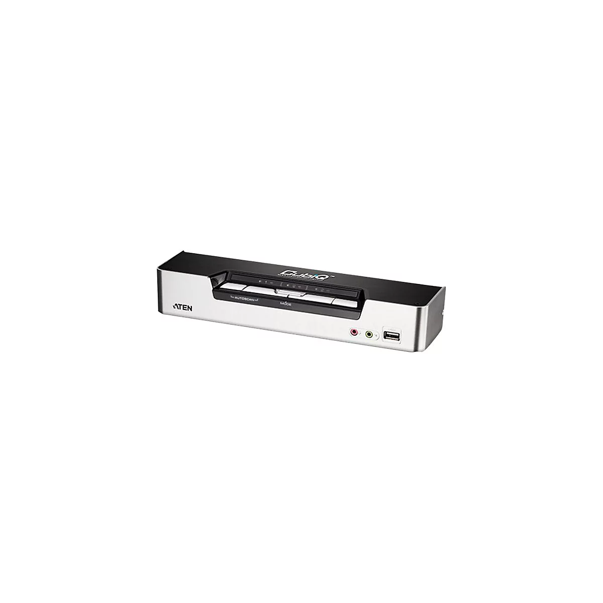 Ein rechteckiger silber-schwarzer KVM-Switch mit AnschlÃ¼ssen und USB-Port. Aufschrift CubiQ und ATEN.