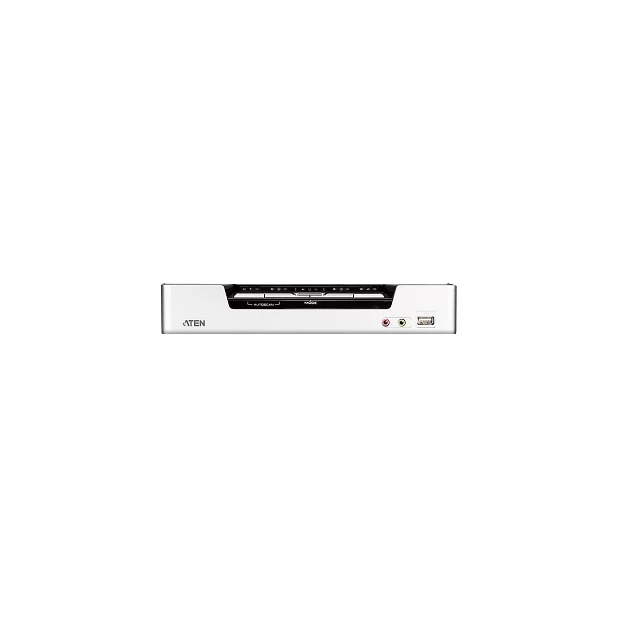 Ein weiÃŸer ATEN-KVM-Switch mit Tasten, AnschlÃ¼ssen und USB-Anschluss.