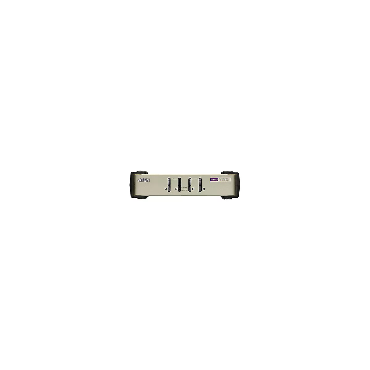 Ein silberner KVM-Switch mit vier Auswahltasten, Beschriftung und Firmenlogo.