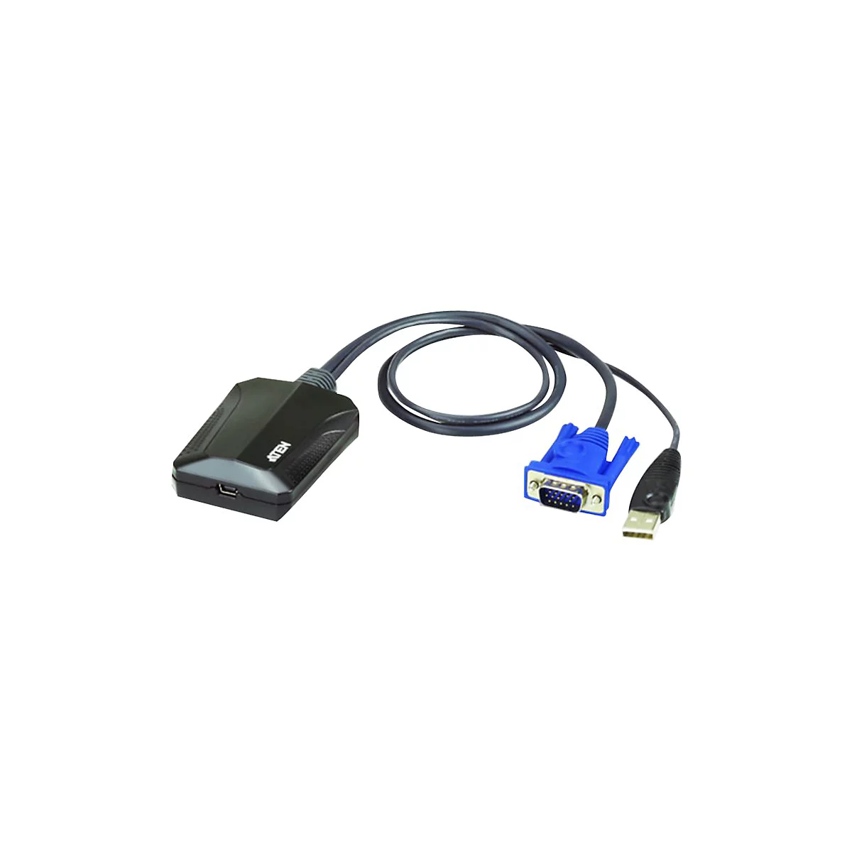 Schwarzer Adapter mit Kabeln und AnschlÃ¼ssen. Aufschrift 'ATEN'.