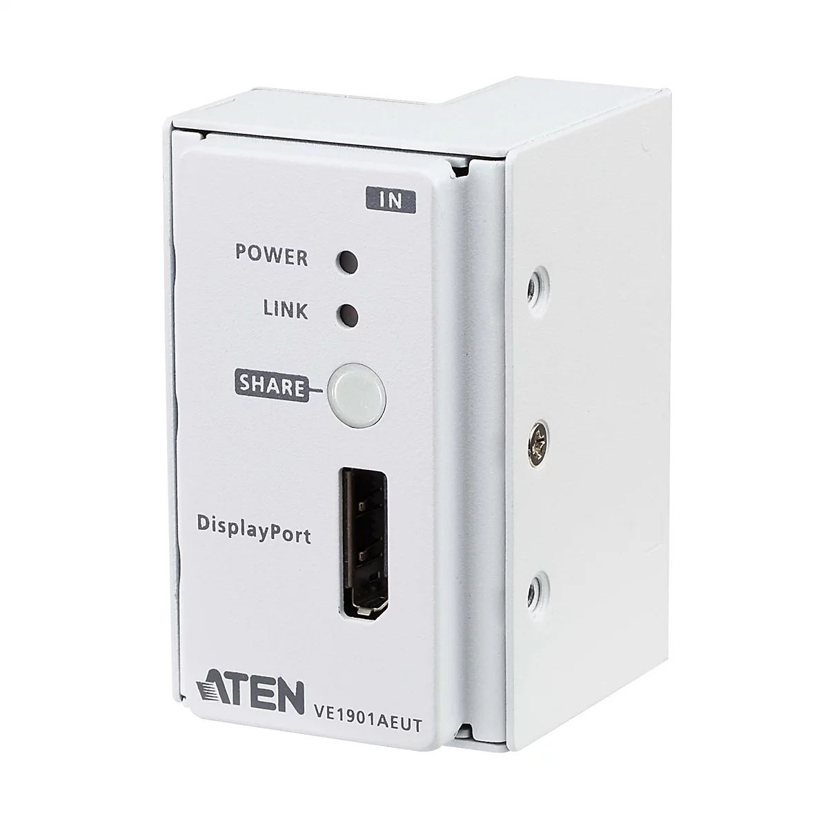 Weißer ATEN VE1901AEUT DisplayPort-Sender mit Share-Taste, Status-LEDs und Beschriftung auf weißem Hintergrund.