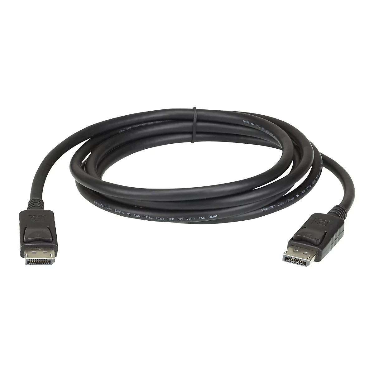 Schwarzes DisplayPort-Kabel, kreisförmig aufgerollt, mit Steckern an beiden Enden vor weißem Hintergrund.