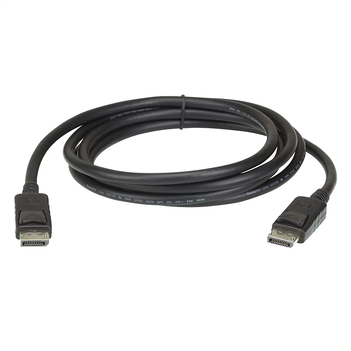 Ein schwarzes DisplayPort-Kabel, zusammengerollt auf weißem Hintergrund.