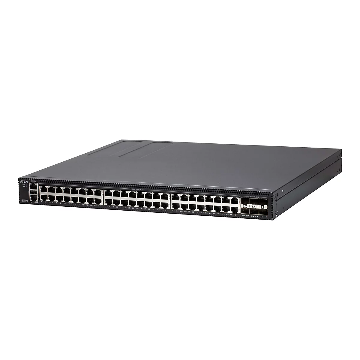 Schwarzer Aten Netzwerk-Switch ES0154 mit 48 Ports und 6 SFP-Steckplätzen vor weißem Hintergrund.
